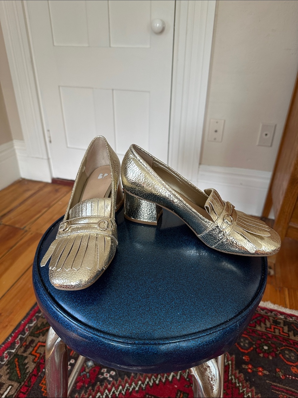 bp Metallic Gold Fringe Block Heel Loafers